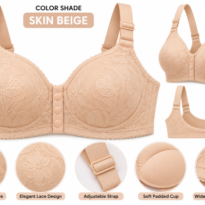 Ladies Front Button Padded Lace Bra – Powder Pink
