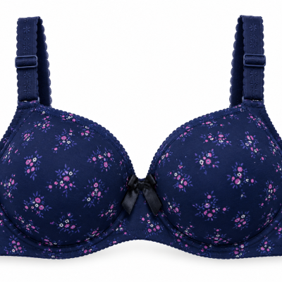 Navy Blue Floral Print Padded Bra for Women – Adjustable Straps with Decorative Bow